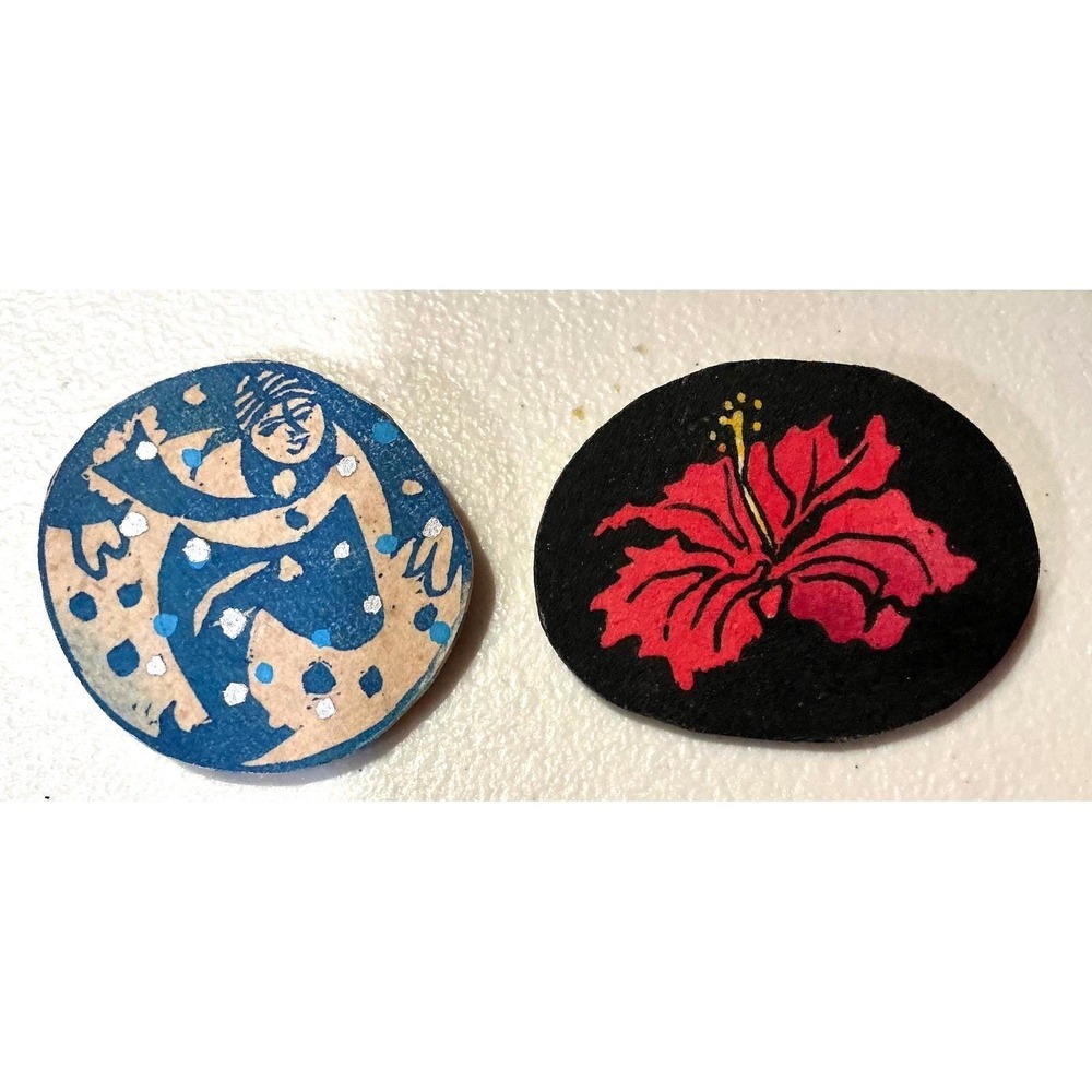 Set of 2 Limited Edition Woodblock Print Pins Dan‎ Thuen "Skater"  & "Hibiscus"